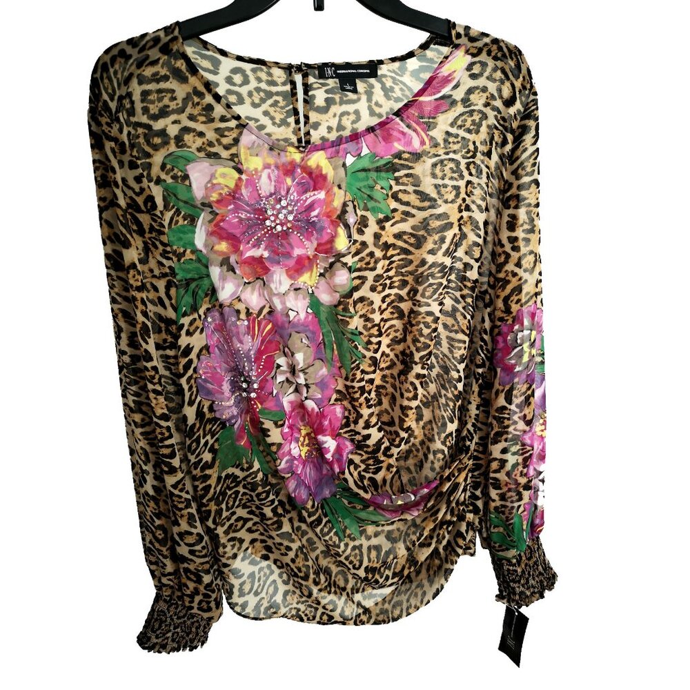 INC Animal Print Floral Sequins Blouse Top L